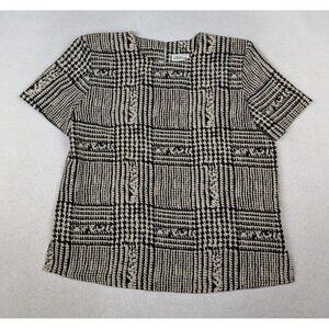 MODERN ESSENTIALS - WOMEN'S BEIGE & BLACK PLAID SHORT SLEEVE BLOUSE TOP - SIZE M